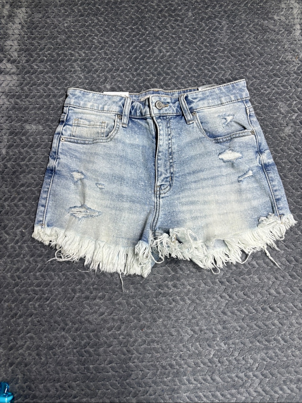 Eunina Lulu Light Blue Distressed Denim Super High Rise Frayed Hem Shorts NWT